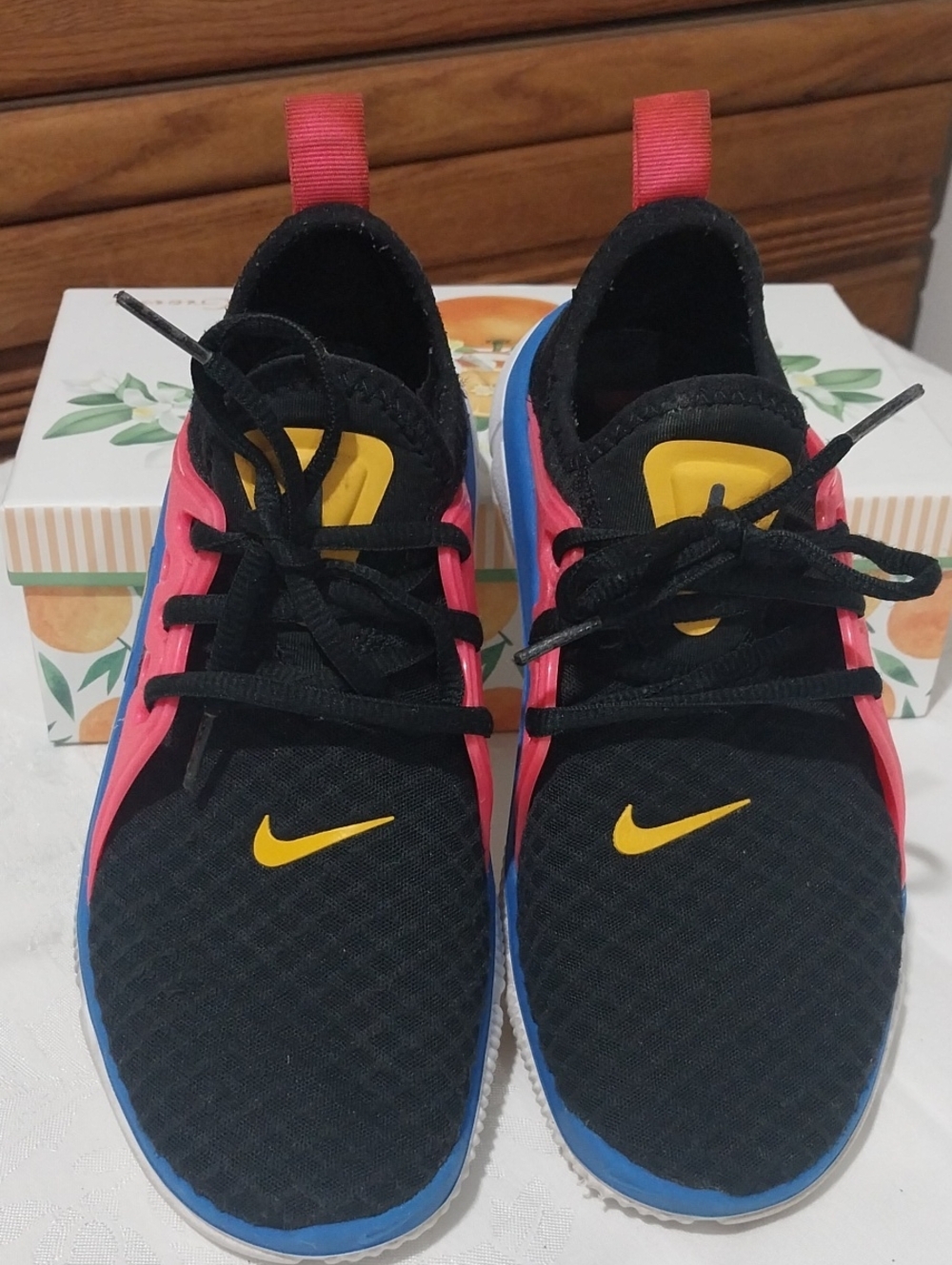 Nike Women Black Sneakers with Pink & Blue Panels and Yellow Swoosh
